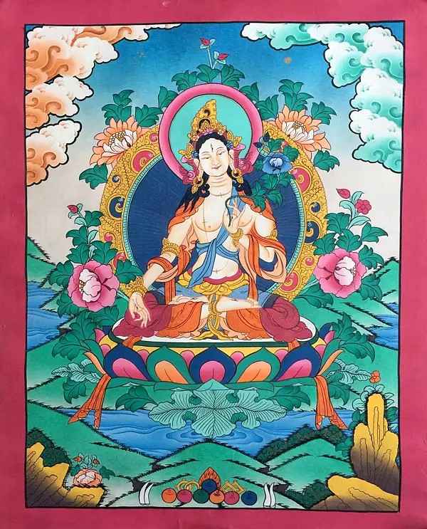 White Tara Thangka (Brocadeless Thangka)