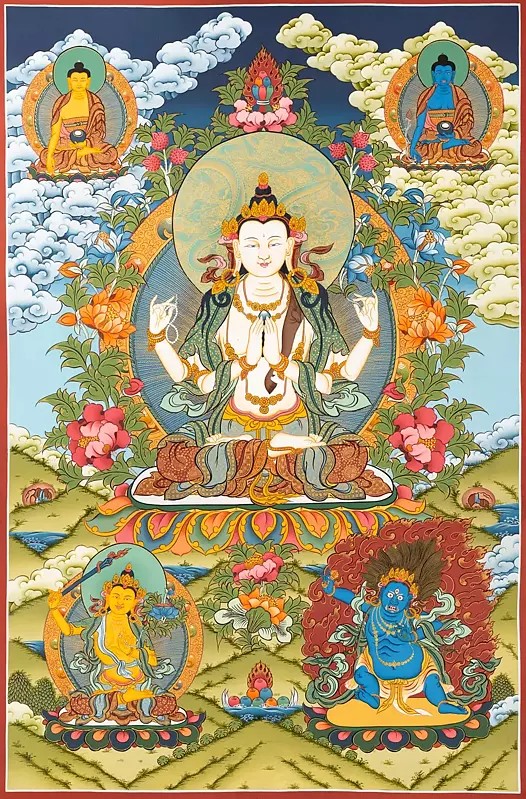 Chengrezig Thangka,Avalokitesvara thangka-with 24 karat Gold,seto machindranath (Brocadeless Thangka)