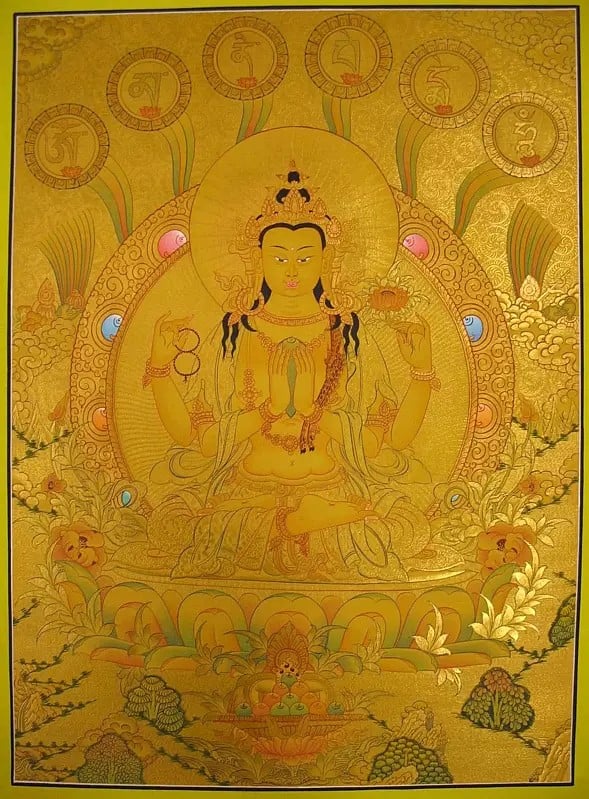 Chengrezig with Mantra Thangka (Brocadeless Thangka)