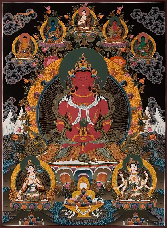 Aprarmita/Amitayus Buddha Thangka (Brocadeless Thangka)