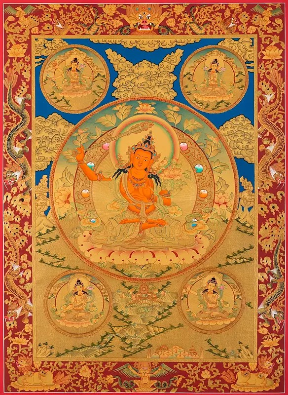 Five Forms of Manjushri in Full Gold Layout (Brocadeless Thangka)