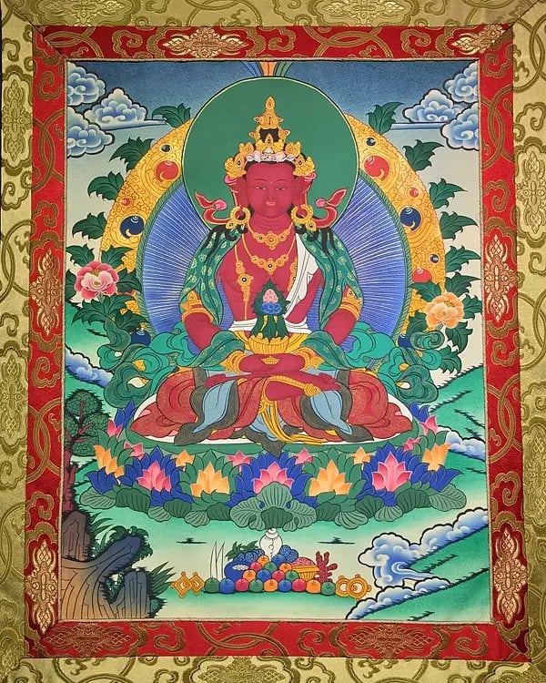 Brocade Mounted Medium Sized Amitayus Buddha The Long Life Giver
