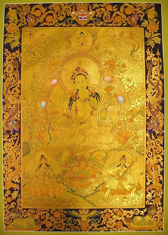 Green Tara Thangka (Brocadeless Thangka)