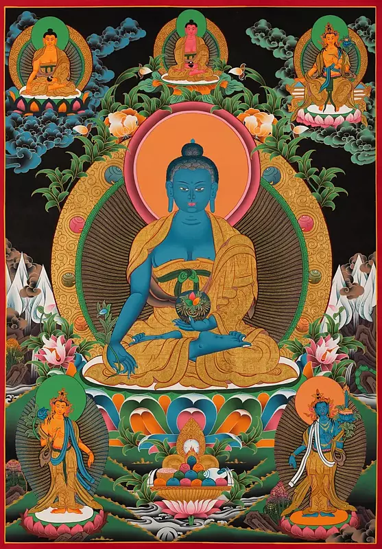 Medicine Buddha with Maitreye Buddha and Amitabha (Brocadeless Thangka)