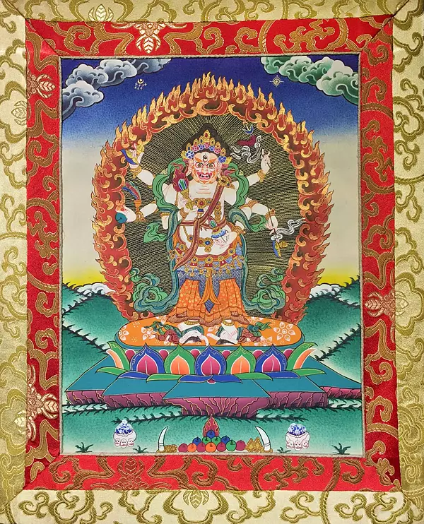 Small Sized 6 Armed White Mahakala mounted on a Brocade