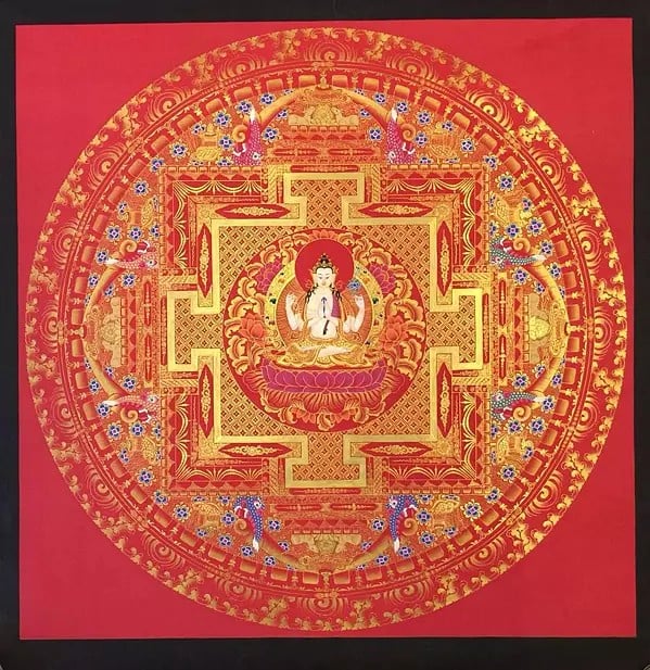 Red Background Chenrezig Mandala (Brocadeless Thangka)