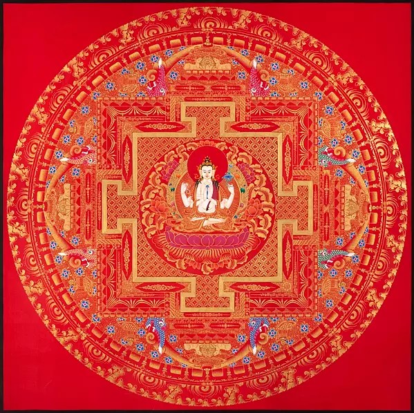 Red Background Chengrezig Mandala (Brocadeless Thangka)