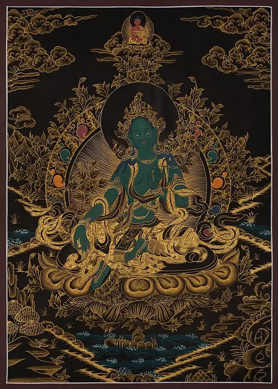 Green Tara Thangka (Brocadeless Thangka)