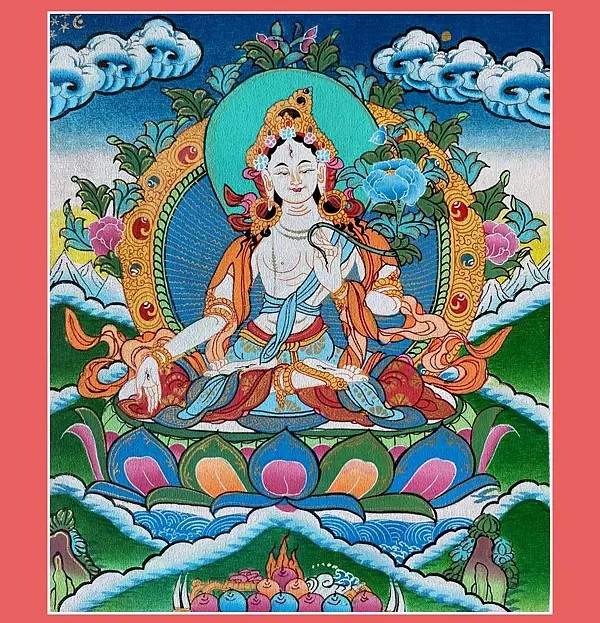 White Tara Thangka Painting (Brocadeless Thangka)