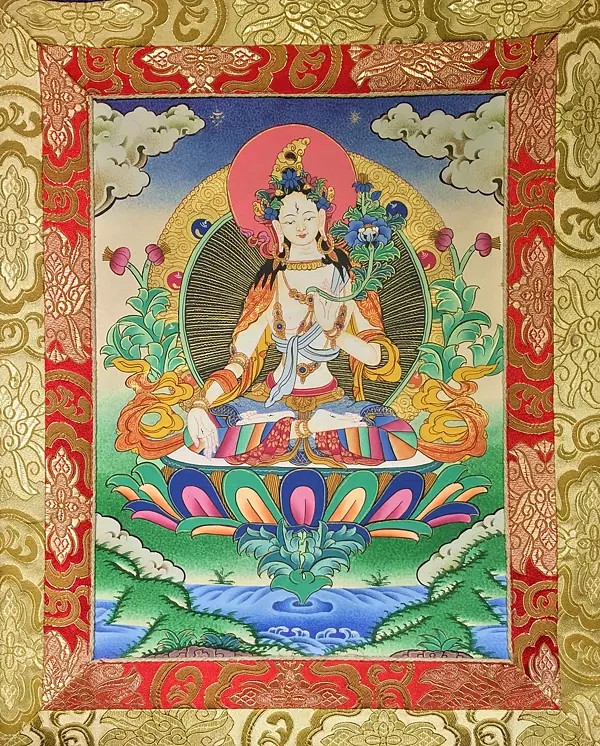 Small Sized White Tara Mounted on a Brocade