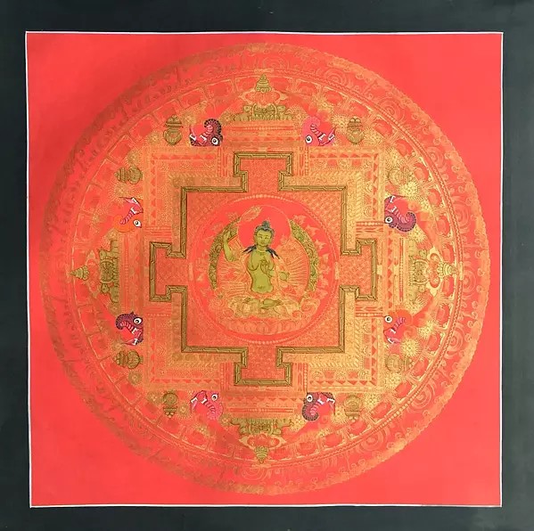 Manjushree Mandala Thangka in Red (Brocadeless Thangka)