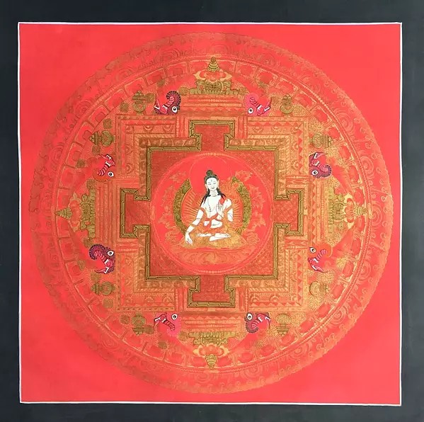 White Tara Mandala Thangka in Red (Brocadeless Thangka)