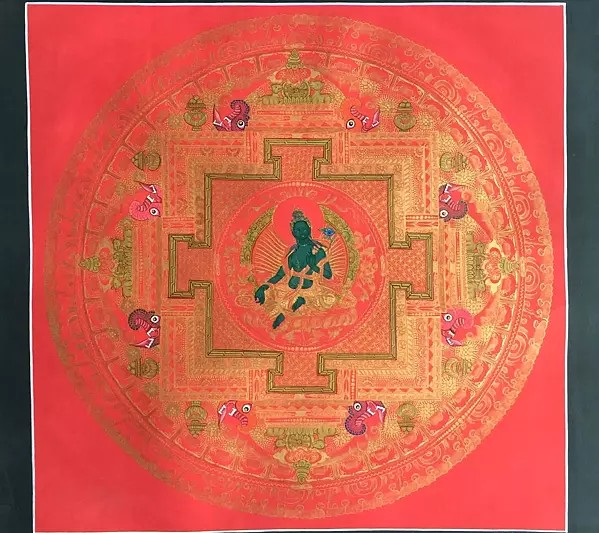 Green Tara Mandala Thangka in Red (Brocadeless Thangka)