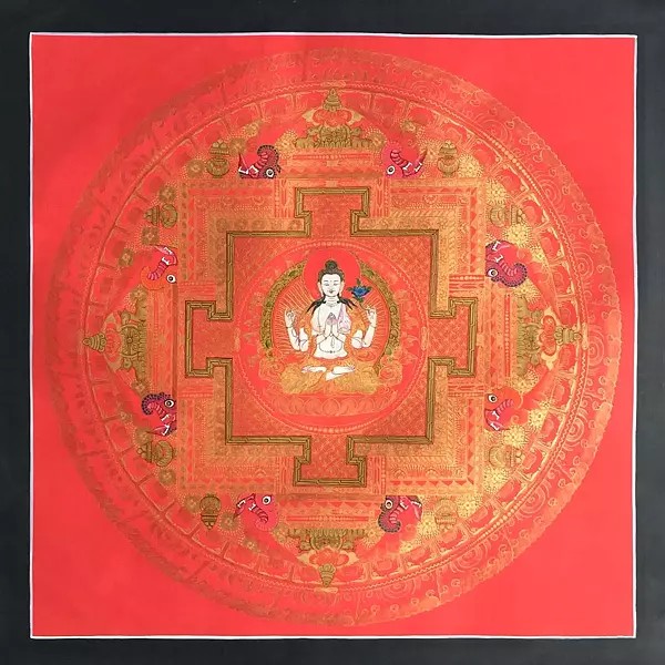 Chengrezig Mandala Thangka in Red (Brocadeless Thangka)