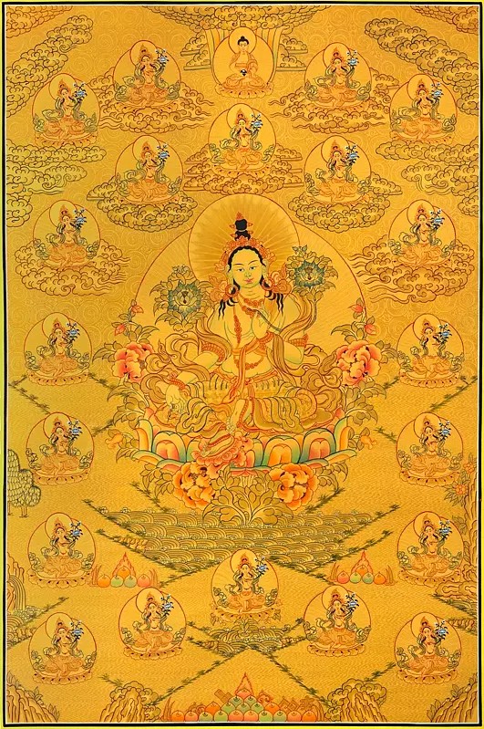 All Gold 21 Green Taras  protectors from hindrances (Brocadeless Thangka)