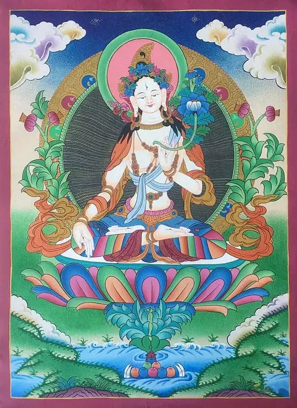 White Tara Thangka (Brocadeless Thangka)