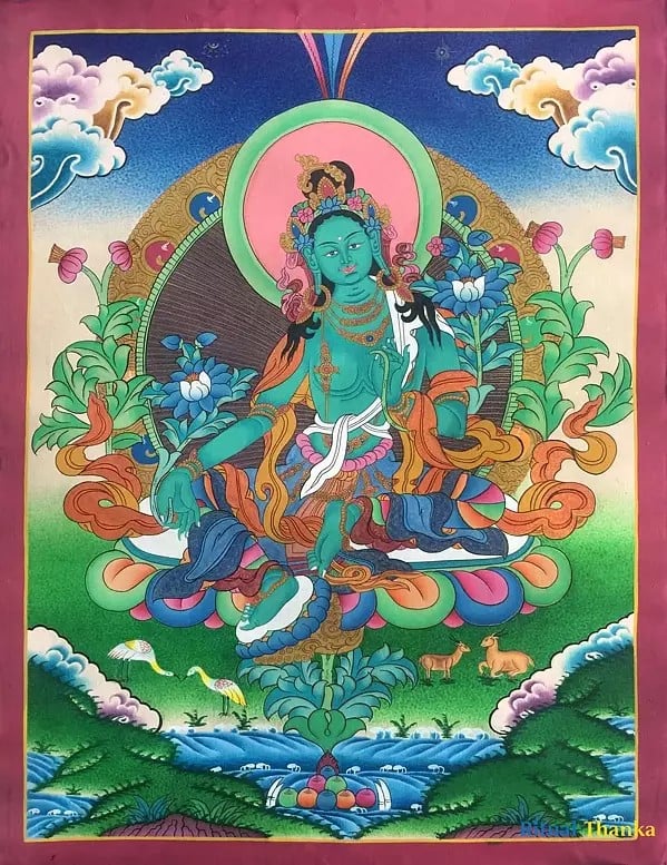 Green Tara Thangka (Brocadeless Thangka)