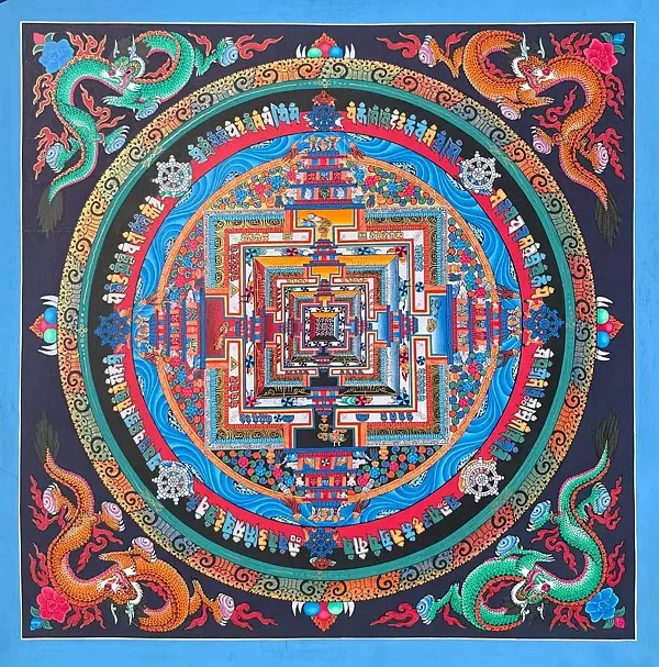 Kalachakra Mandala With Dragon Motif Thangka (Brocadeless Thangka)