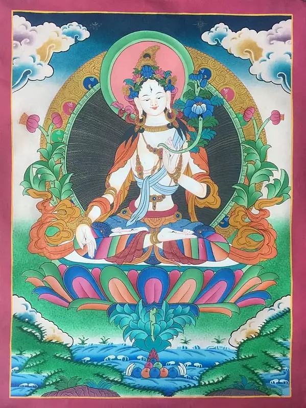 White Tara Thangka (Brocadeless Thangka)