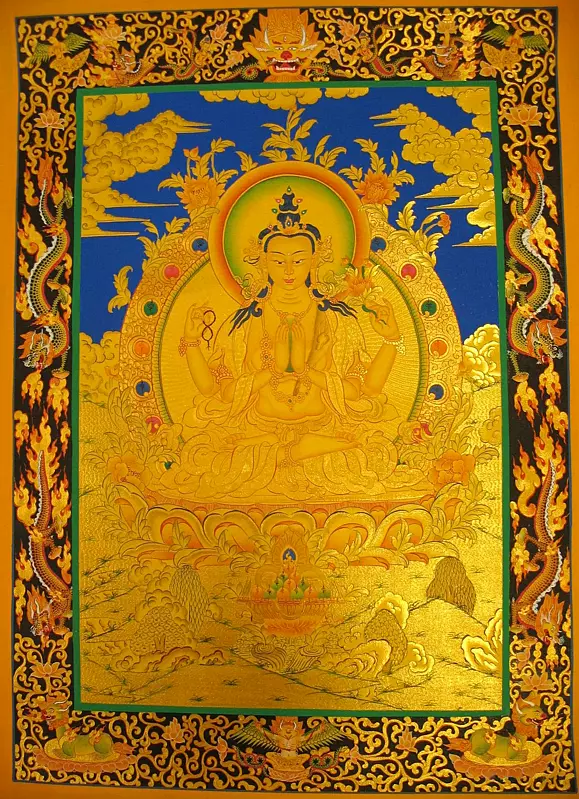 Chengrezig with Dragon Border in Blue (Brocadeless Thangka)