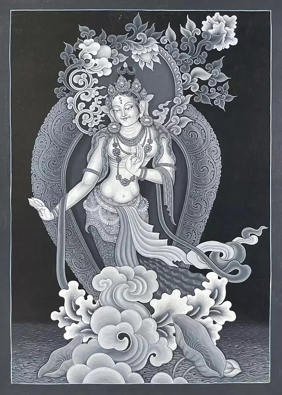 Standing White Tara depicted in Black and white colors in Nevari Style Thangka (Brocadeless Thangka)