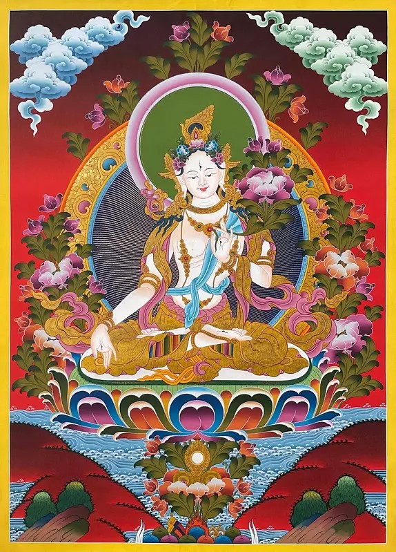 Goddess White Tara Brocadeless Thangka - Tibetan Buddhist Deity Painting