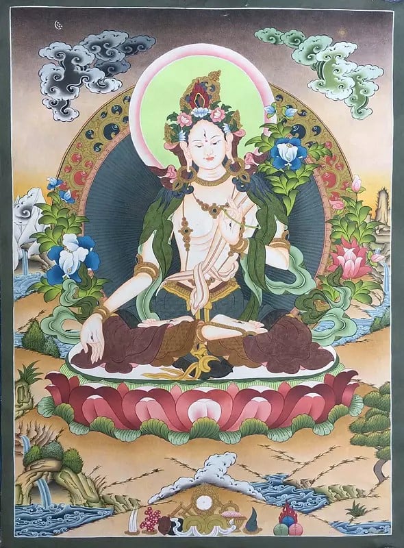 White Tara Thangka (Brocadeless Thangka)