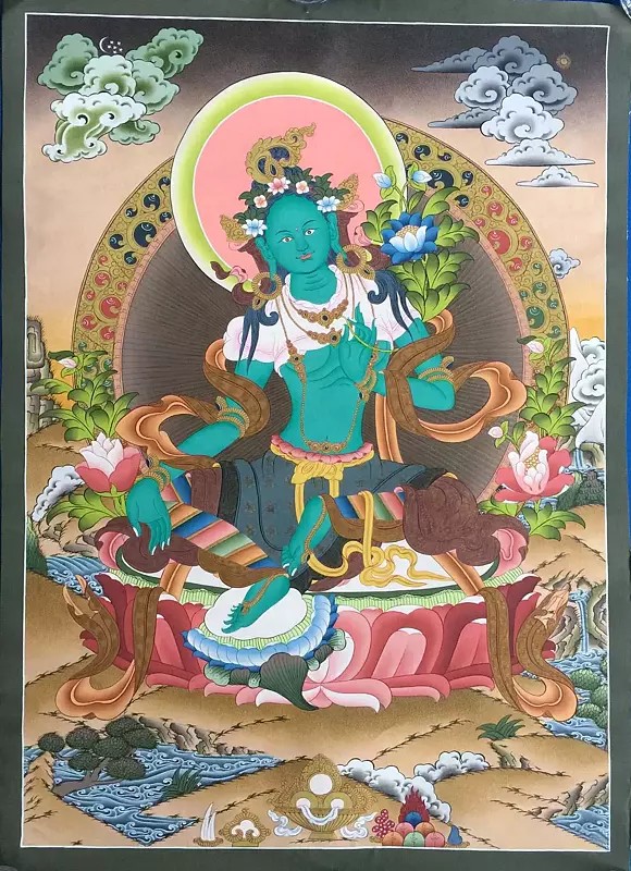 Green Tara Thangka (Brocadeless Thangka)