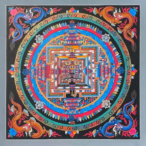 Four Corner Dragon Kalchakra Mandala Thangka (Brocadeless Thangka)