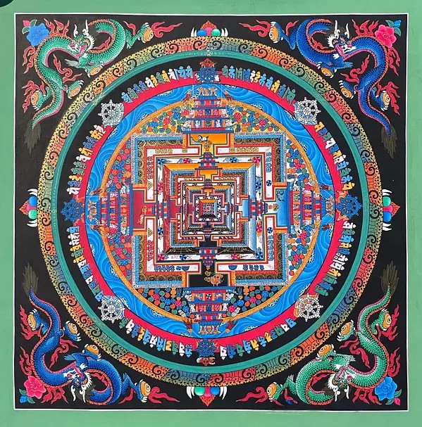 Four corner Dragon Kalchakra Mandala Thangka (Brocadeless Thangka)