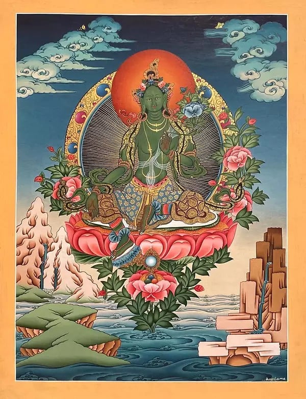 Green Tara Thangka (Brocadeless Thangka) | Exotic India Art