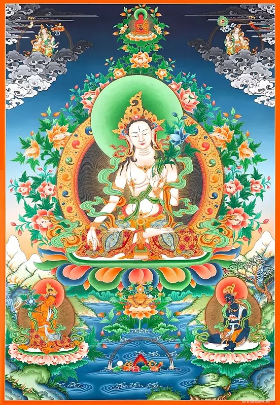 Original Hand-painted traditional style White Tara with Boddhisattvas Thangka (Brocadeless Thangka)