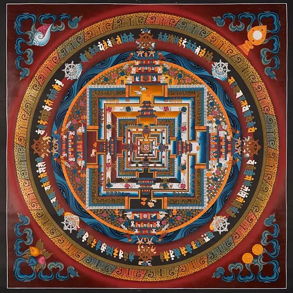 Kalachakra Mandala Palace one of the most complicated forms of Tibetan mandalas with 24k gold work (Brocadeless Thangka)