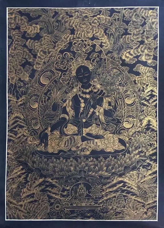 White Tara Thangka (Golden Black) (Brocadeless Thangka)