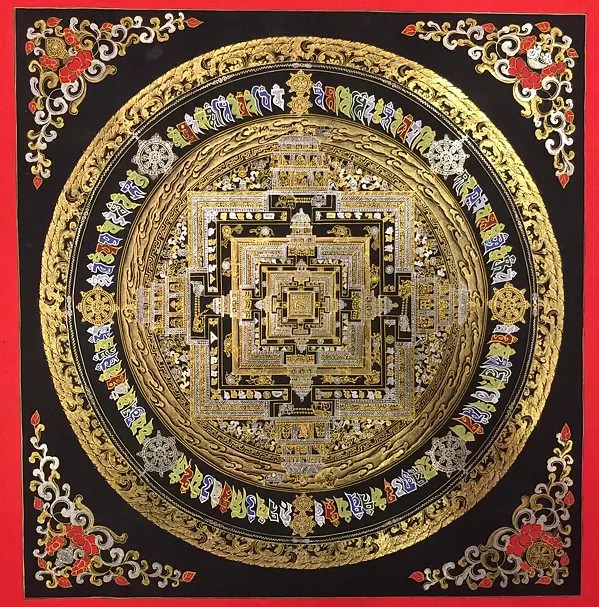Kalachakra Mandala Palace Worshipped for The Betterment of All The Sentient Beings with 24k Gold Work (Brocadeless Thangka)