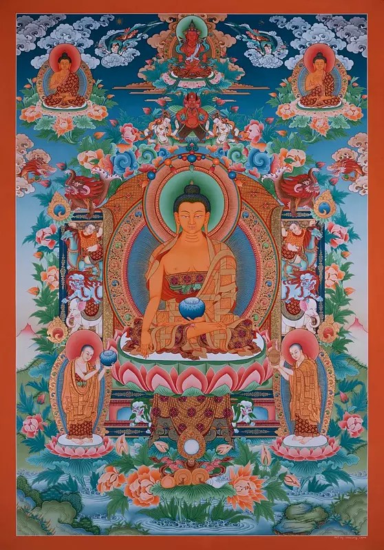 Tathagata Shakyamuni Buddha with His 2 Chief Disciples in 24k Gold Work (Brocadeless Thangka)