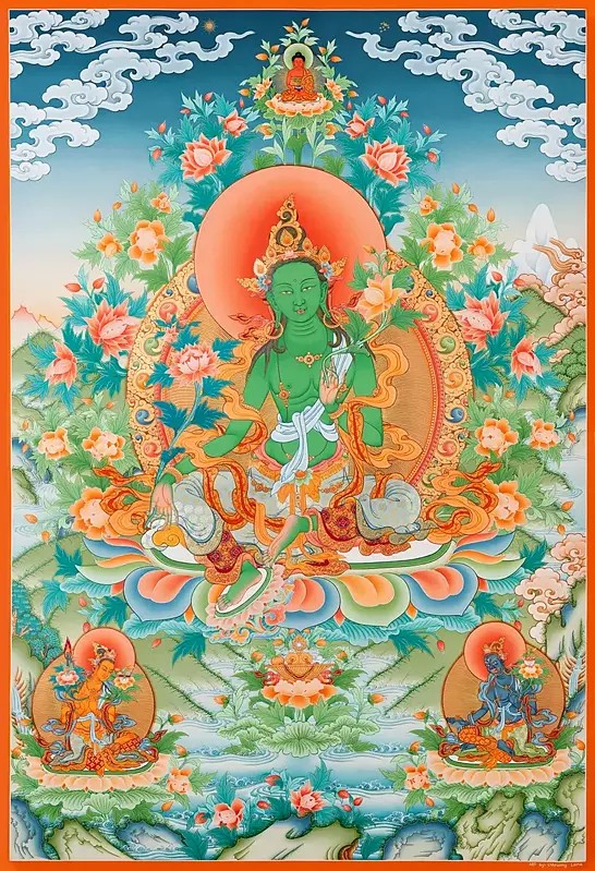 Superfine Masterpiece of Goddess Green Tara (Brocadeless Thangka)