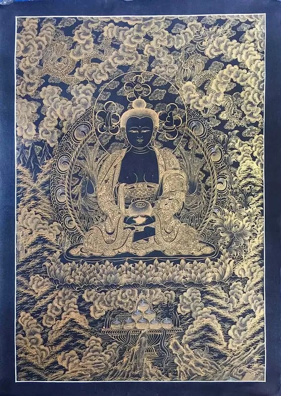 Amitabha Buddha Kalo Sunaulo (Golden Black) Thangka (Brocadeless Thangka)
