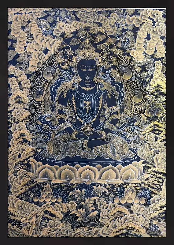 Aprarmita/Amitayus Buddha Thangka (Golden Black) (Brocadeless Thangka)