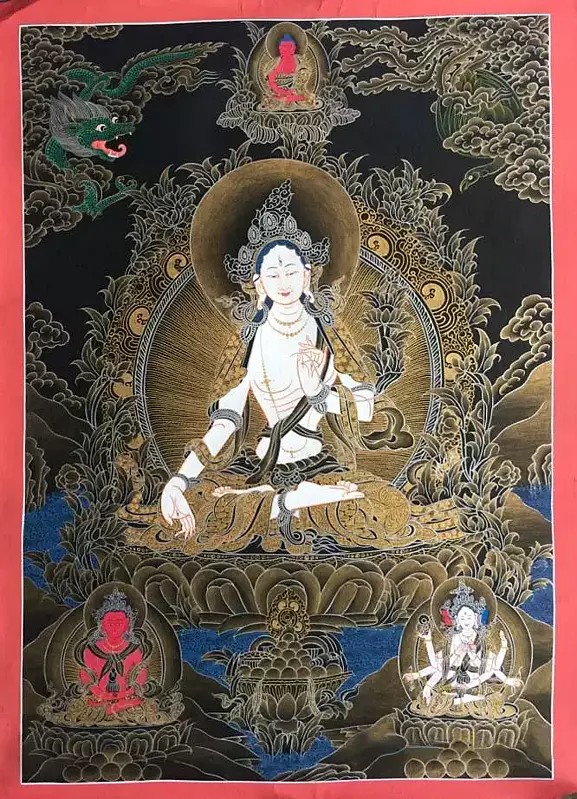 White Tara adorned with Amitabha Bhuddha (Brocadeless Thangka)