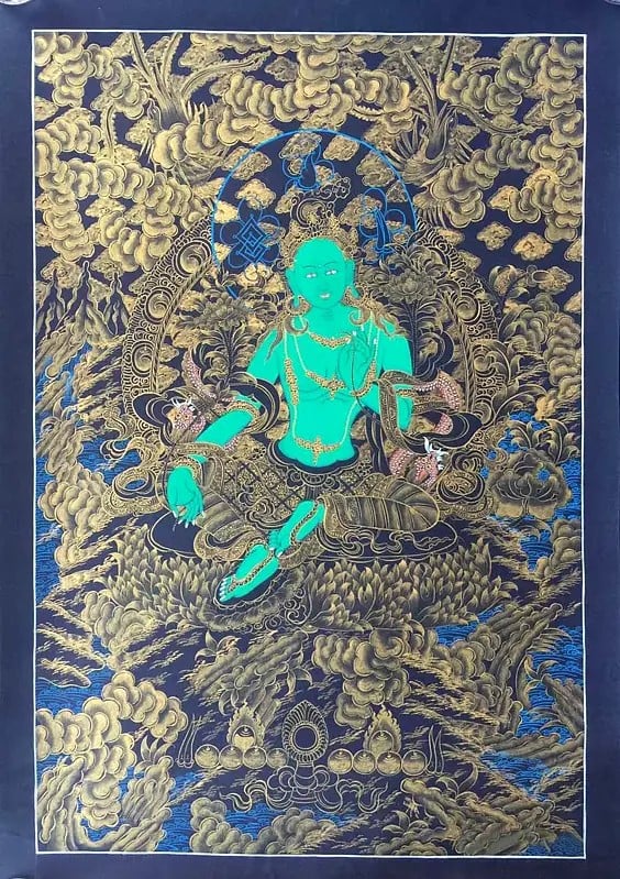 Green Tara Thangka (Brocadeless Thangka)