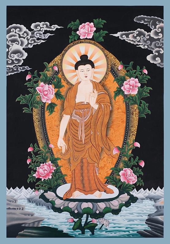 Exquisite Thangka of  Standing Shakyamuni Buddha (Brocadeless Thangka)