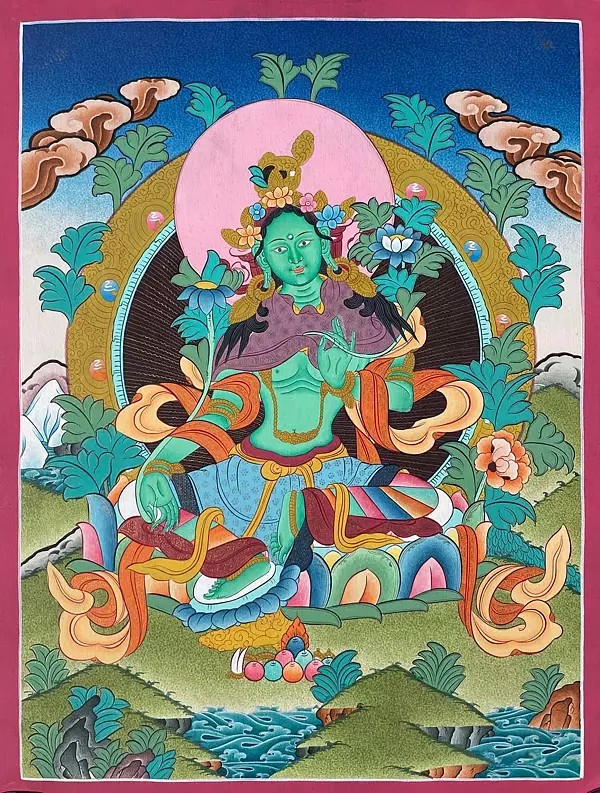 Green Tara Thangka (Brocadeless Thangka)