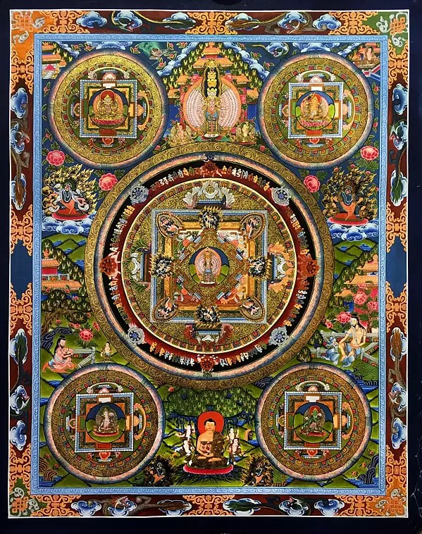 Pancha Mandala blessed by Lokeshvara (Brocadeless Thangka)