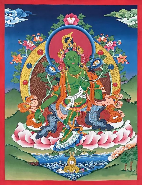 Green Tara Thangka (Brocadeless Thangka)