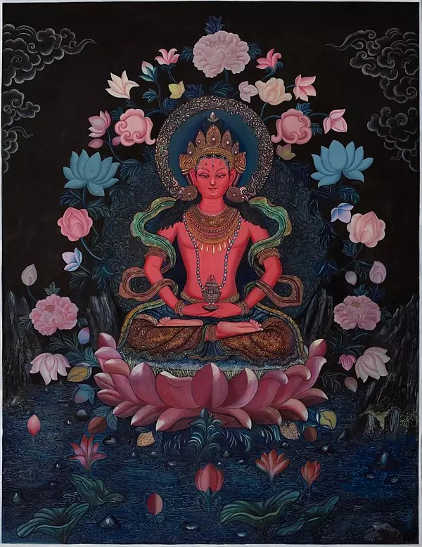 Amitayus Buddha Thangka in Newari Style (Brocadeless Thangka)
