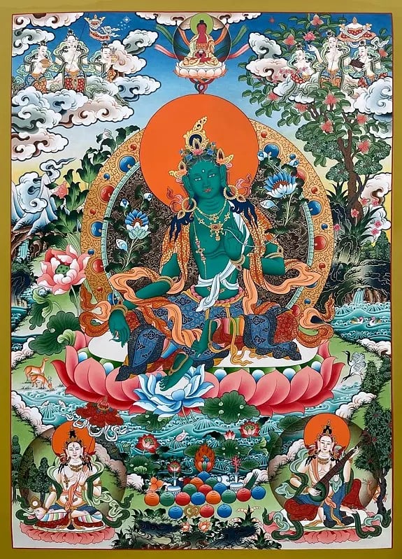 Tibetan Buddhist  thangka of Green Tara bright Color, Real Gold, Traditionally Shaded Color (Brocadeless Thangka)