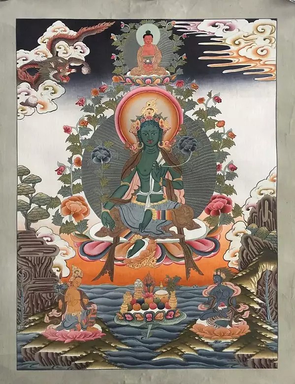 Green Tara Thangka (Brocadeless Thangka)