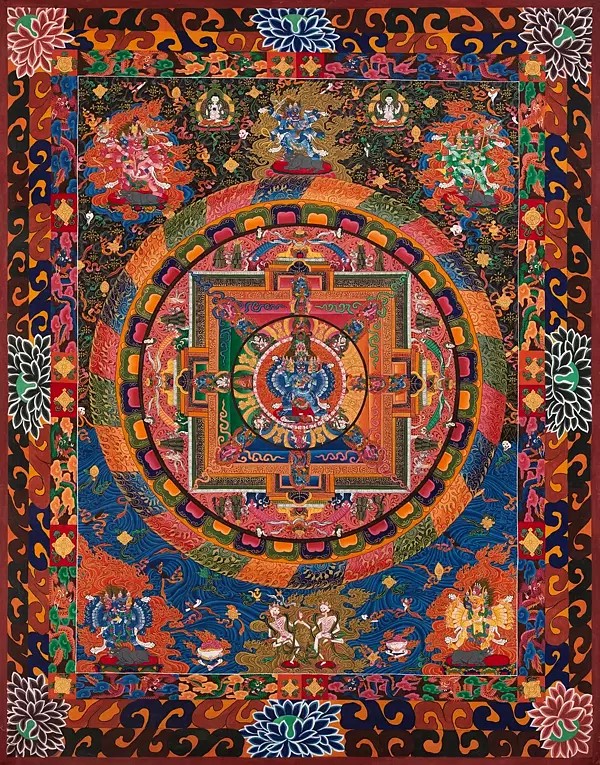 Colorful Yamantaka /Vajrabhairava Mandala Surrounded by Dharmapalas (Brocadeless Thangka)