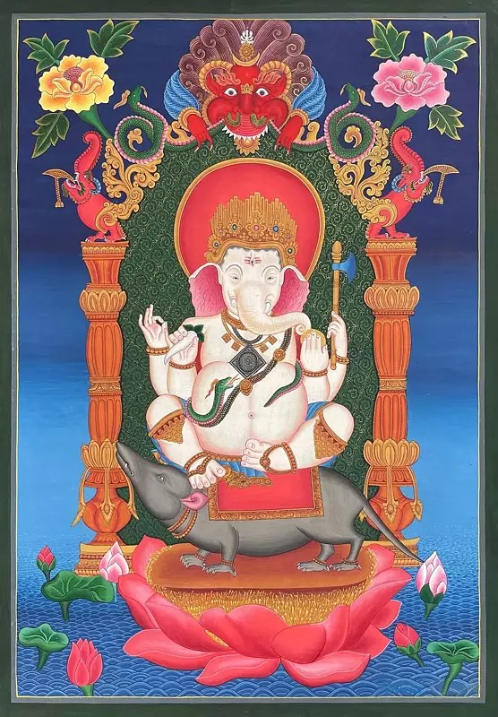 Newari Style Ganesh Thangka (Brocadeless Thangka)